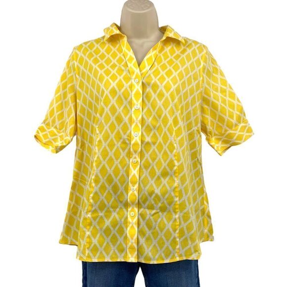 Talbots lattice Print Short Sleeve Blouse Yellow Size 10 - Picture 2 of 7